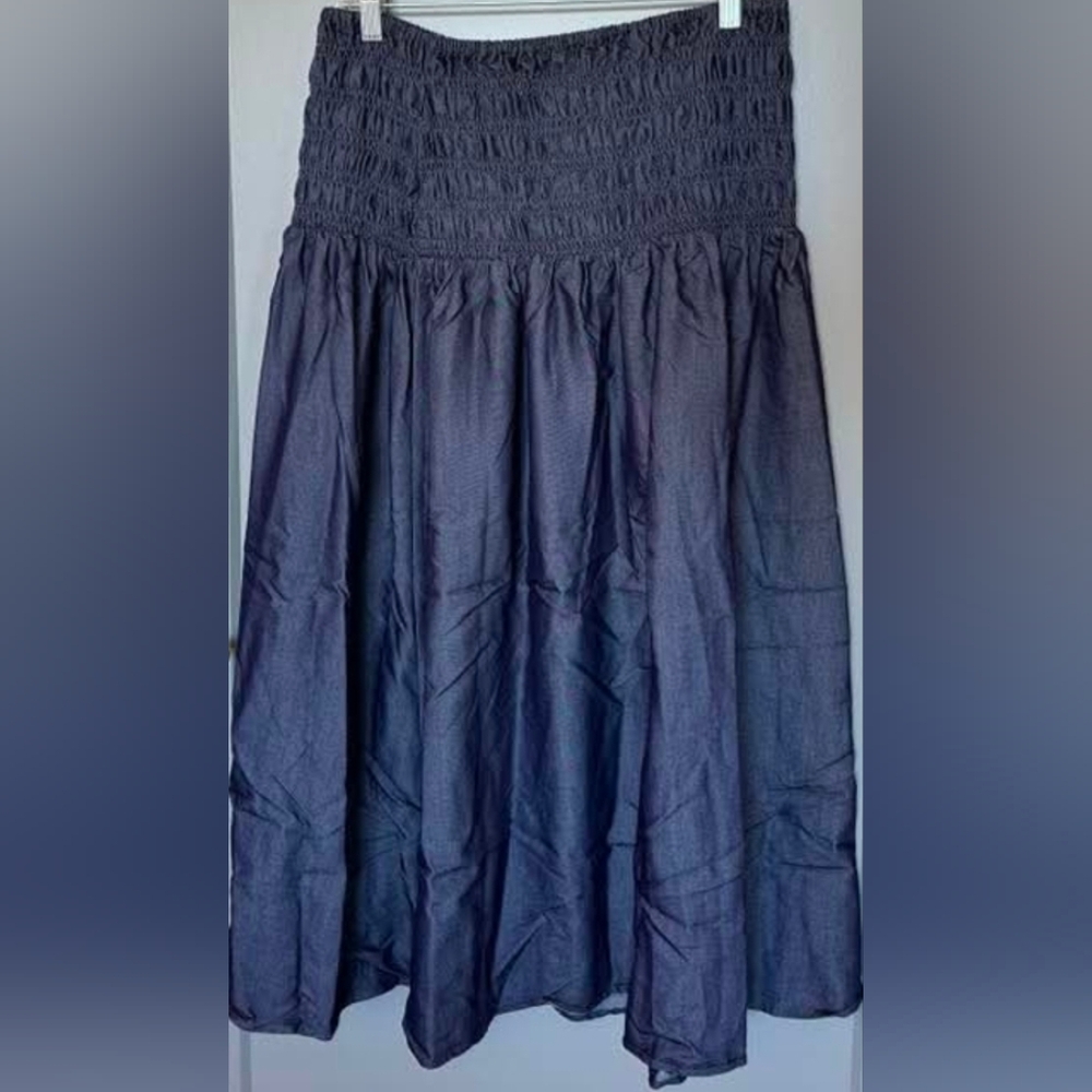 NEW High Waisted Smocked Soft Demin Blue Skirt Or Worn As Strapless dress XL - Picture 2 of 7